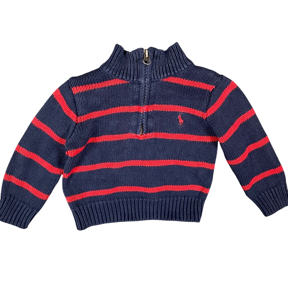 VTG Polo Ralph Lauren Boy Navy Red Striped Quarter Zip Cotton Sweater 12M Preppy